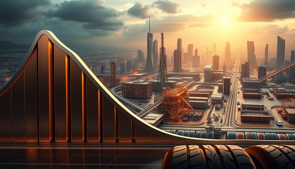 A dramatic panoramic scene of Nokian Tyres' growth trajectory in 2025. In the foreground, a dynamic graph depicting a steep upward trend in sales and market share, rendered in sleek metallic tones. The middle ground features a bustling factory complex, with cutting-edge robotic assembly lines and gleaming, high-tech facilities. In the background, a futuristic cityscape emerges, with towering skyscrapers and gleaming infrastructure, all bathed in warm, golden lighting that evokes a sense of progress and prosperity. The overall composition conveys a powerful narrative of Nokian's remarkable growth and technological innovation, setting the stage for its continued success in the years to come.