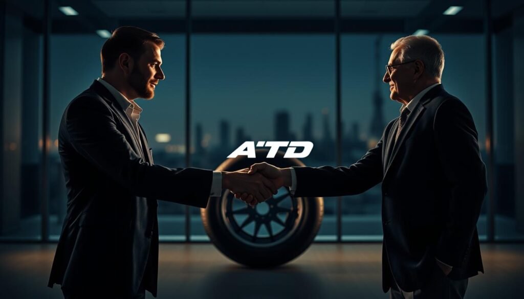 A high-contrast, cinematic image depicting the strategic partnership between Nokian Tyres and ATD. In the foreground, two handshaking business executives, one representing Nokian and the other ATD, stand in a dimly lit executive office setting, their faces lit dramatically from the side. In the middle ground, a sleek, modern Nokian tire and an ATD logo or product stand as visual anchors, symbolizing the core of the partnership. The background features a blurred cityscape or industrial landscape, hinting at the scale and significance of the collaboration. The overall mood is one of decisive, forward-looking leadership, conveying the vision and momentum behind this strategic alliance.