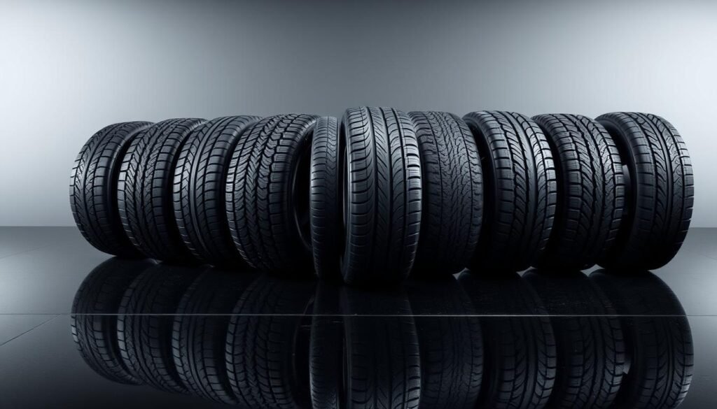 A high-quality still life scene of Nokian Tyres' complete all-season and all-weather product lineup, shot in a professional studio setting. The tyres are elegantly arranged on a sleek, reflective black surface, casting subtle shadows. The lighting is carefully balanced, with soft, directional illumination highlighting the tyre tread patterns and sidewall details. The composition emphasizes the premium quality and performance of the Nokian Tyres brand, conveying a sense of authority and innovation in the all-weather and all-season tyre category.
