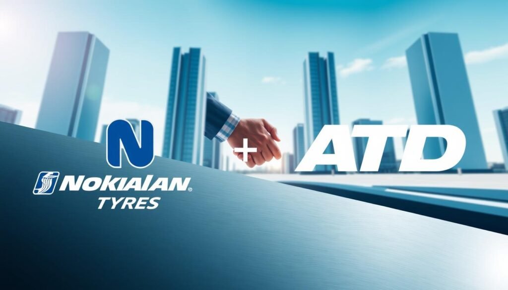 A high-resolution, detailed image of the Nokian Tyres and ATD partnership. In the foreground, a sleek, modern Nokian Tyres logo prominently displayed against a smooth, metallic background. In the middle ground, two hands firmly shaking, symbolizing the strategic alliance between the two companies. The background features a minimalist, geometric cityscape, with tall, futuristic buildings and a clear, blue sky overhead, conveying a sense of progress and innovation. Bright, directional lighting casts dramatic shadows, adding depth and dimension to the scene. The overall mood is one of professionalism, collaboration, and technological advancement.