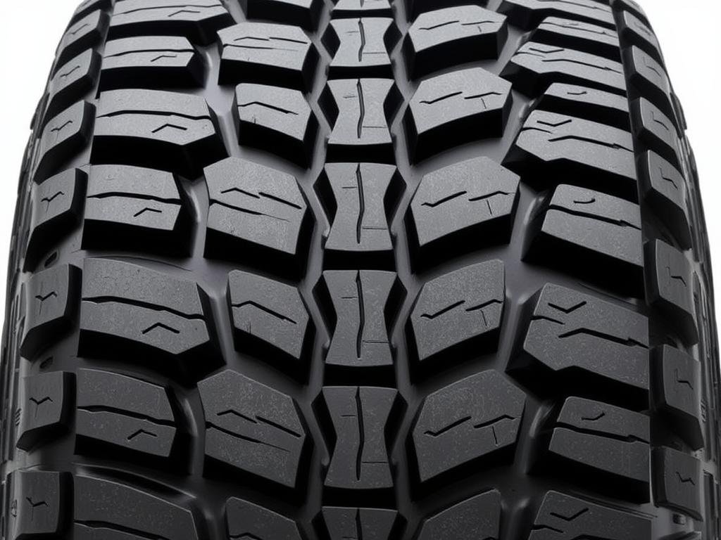 All-terrain tyre tread pattern showing aggressive blocks and wide channels
