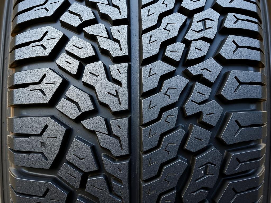 Asymmetrical tyre tread pattern showing different designs on inner and outer halves