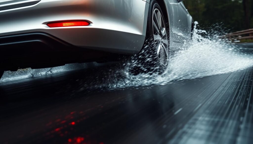 Car driving in rain with poor tyre traction indicating when tyre need to change