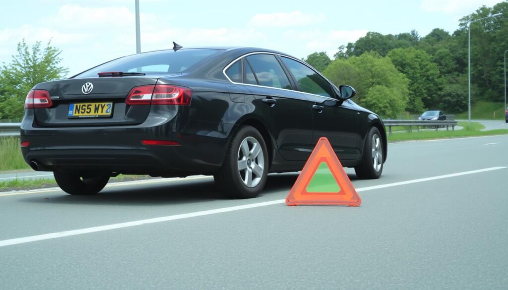 Car safely parked on the roadside with hazard lights on for tyre change