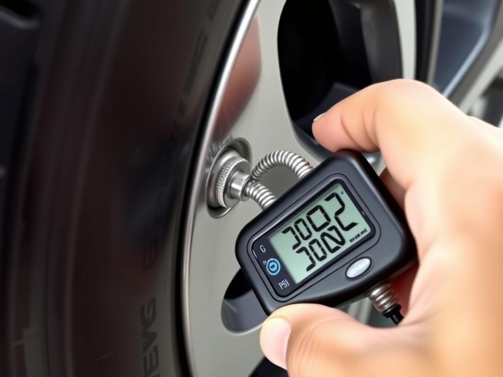 Checking Innova Crysta tyre pressure with digital gauge