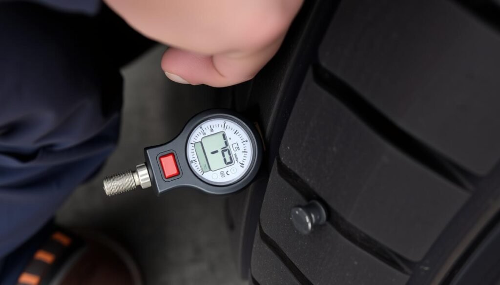 Checking tyre pressure as part of regular maintenance to prevent flats
