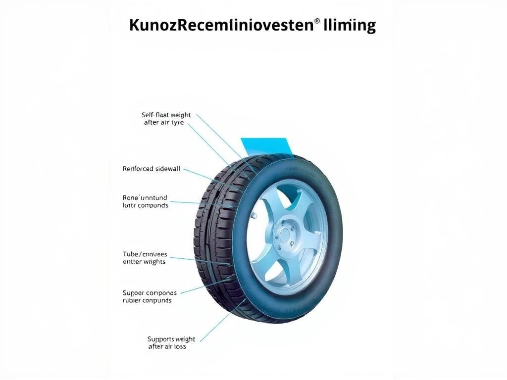 Cross-section diagram of self-supporting run flat tyre system showing reinforced sidewalls and internal structure