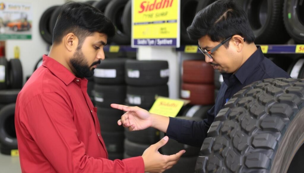 Customer examining used tyres for sale in India at Siddhi Tyre shop