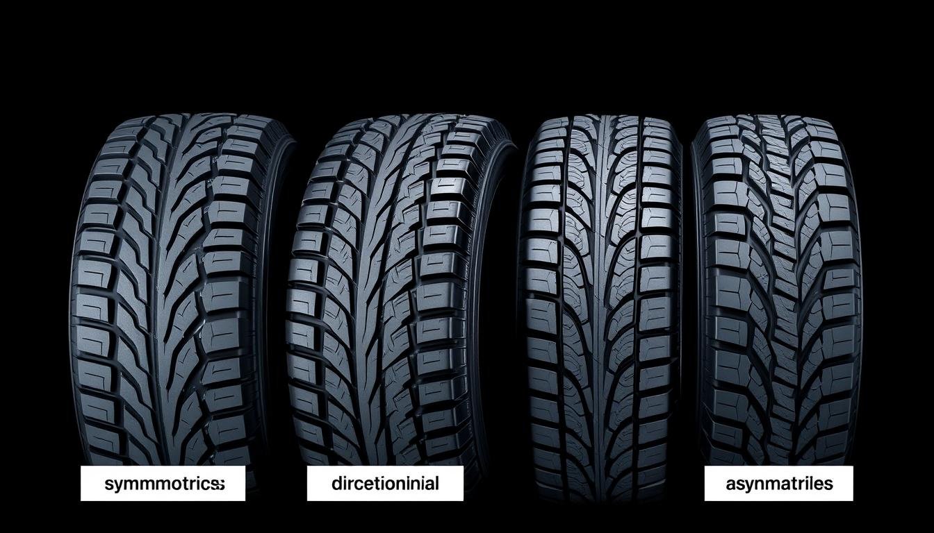 Different tyre tread patterns showing symmetrical, directional and asymmetrical designs