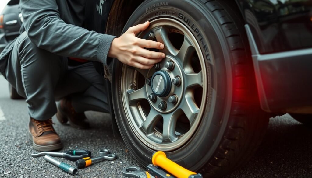 Driver confidently changing a tyre on the roadside using proper technique
