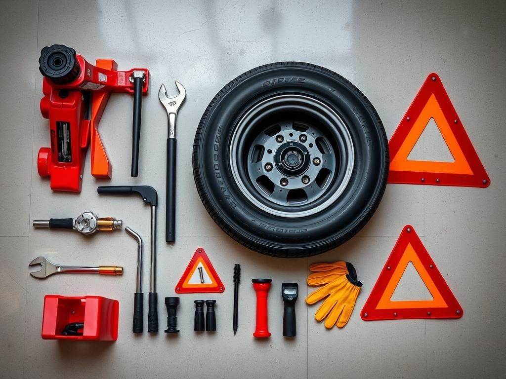 Essential tools laid out for changing a tyre including jack, lug wrench, and spare tyre