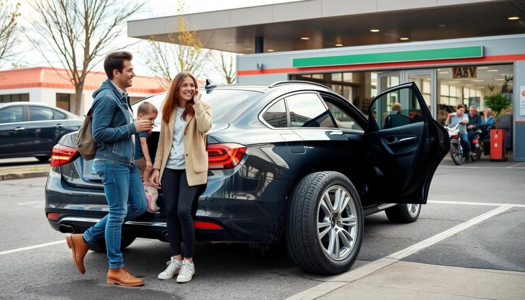 Family safely arriving at their destination despite a punctured run flat tyre showing safe arrival at service station