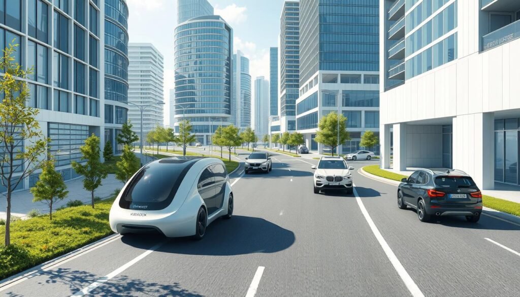 Futuristic urban mobility scene featuring Hankook's innovative tire concepts Futuristic urban mobility scene featuring Hankook's innovative tire concepts