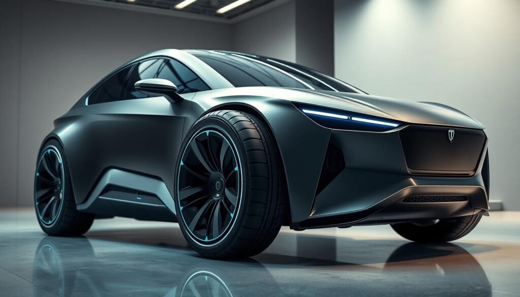 Futuristic vehicle with next-generation tires showcasing 2024 tyre technology trends