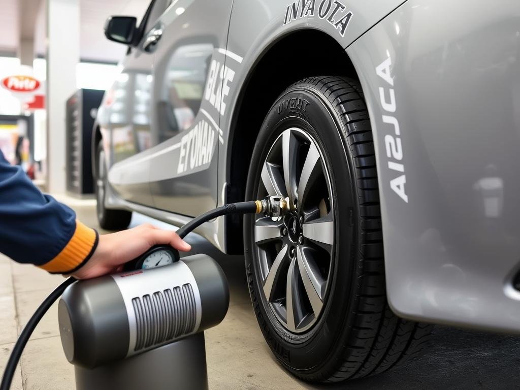 Inflating Innova Crysta tyres at a service station