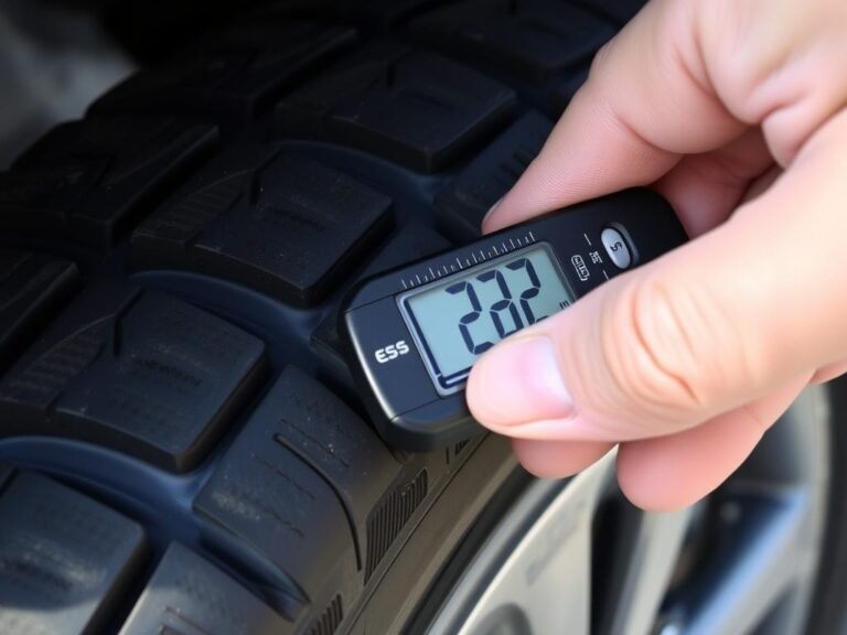 Measuring tyre tread depth with a gauge showing when tyre need to change
