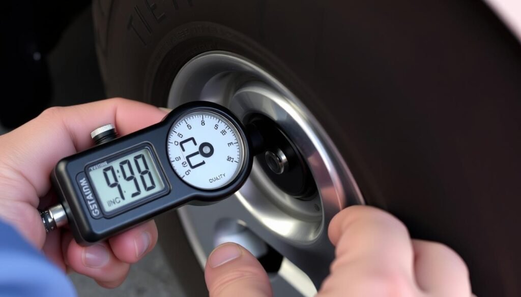Person checking tyre pressure with a gauge