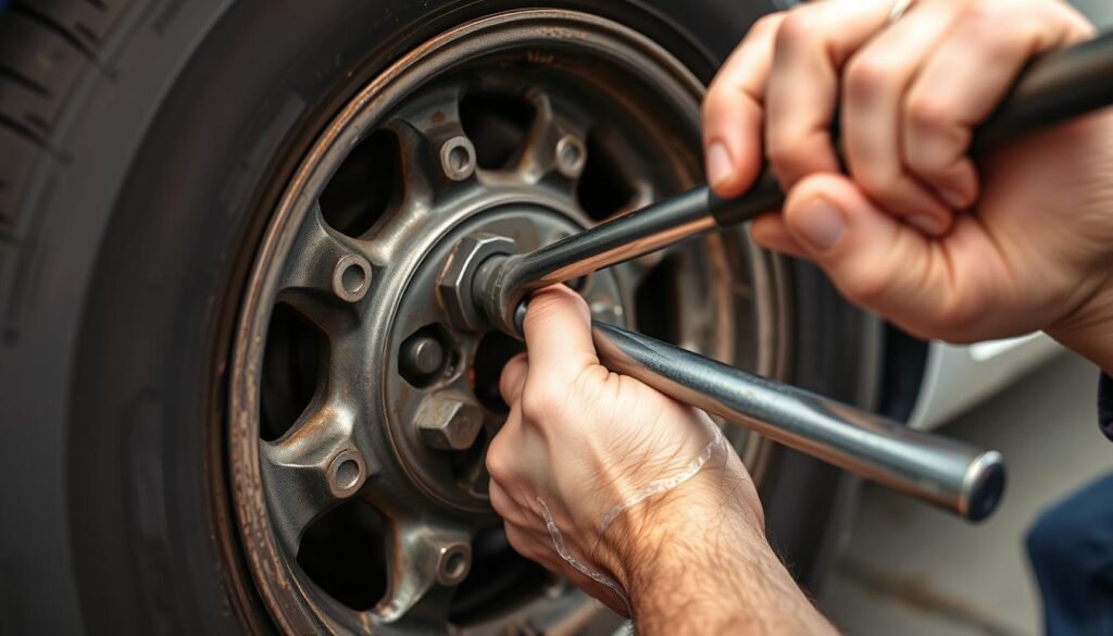 Person dealing with stuck wheel nuts when changing a tyre