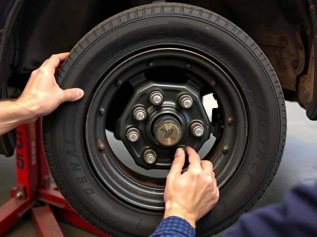 Removing wheel nuts and taking off the flat tyre