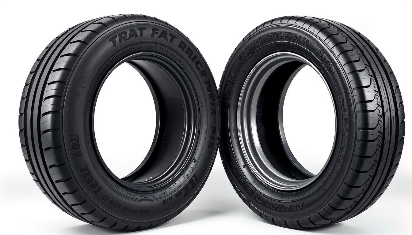 Run flat tyres showing reinforced sidewalls vs conventional tyre — run flat tyres support vehicle weight after air loss
