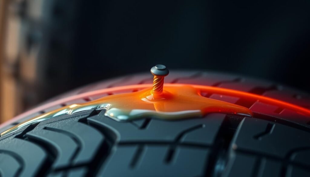 Self-healing tire demonstrating puncture repair capability for 2024 tyre technology trends