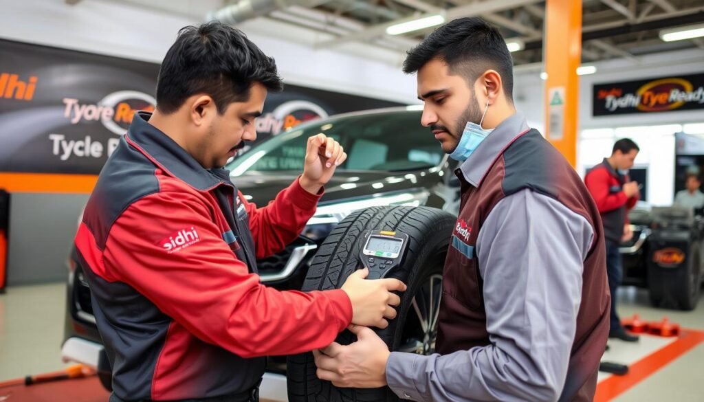 Siddhi Tyre Ready technician performing comprehensive tyre inspection on Innova Crysta