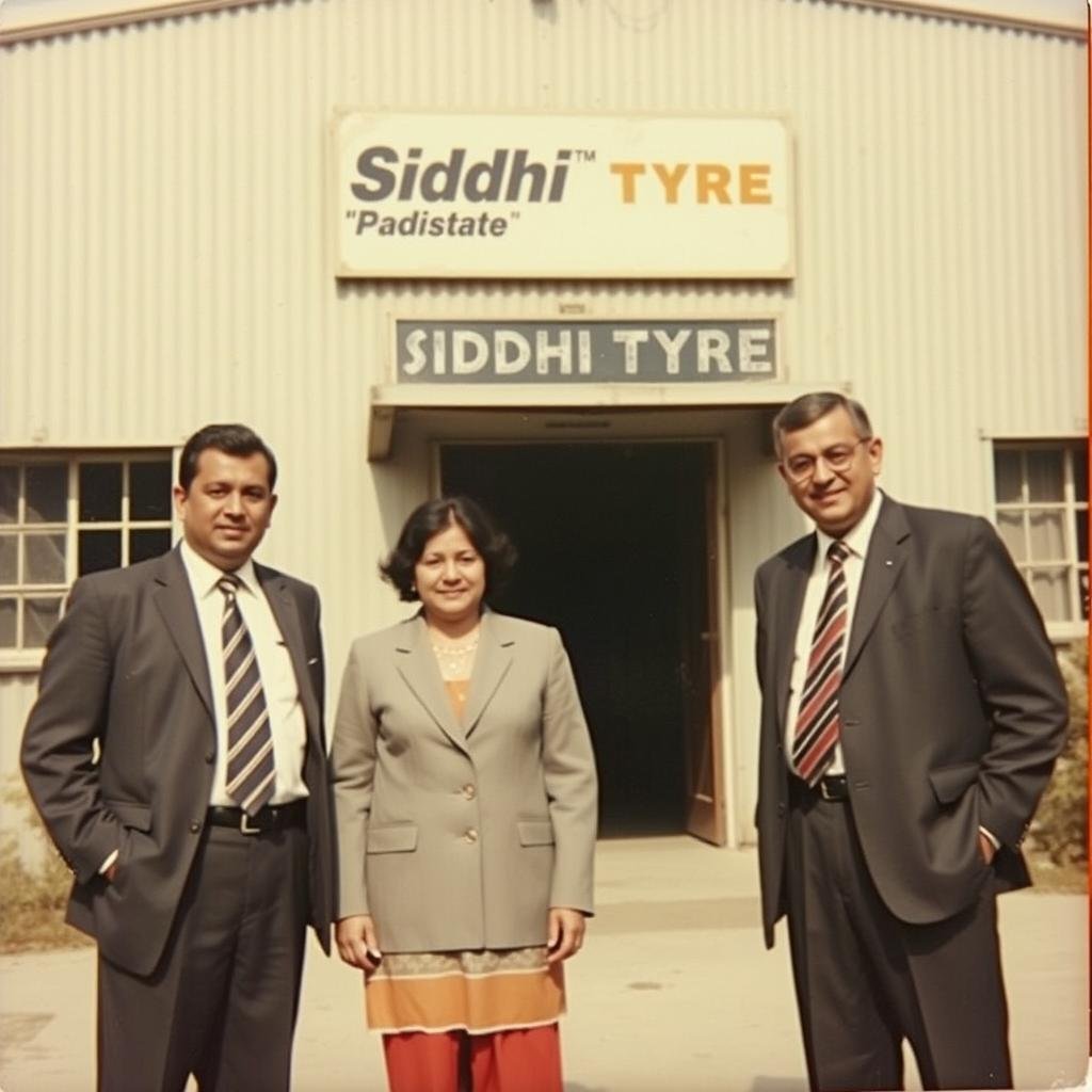 Siddhi Tyre founders standing proudly in front of their first manufacturing facility, embodying the Siddhi Difference from day one