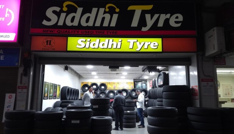 Siddhi Tyre shop front in Mumbai with used tyre for car display