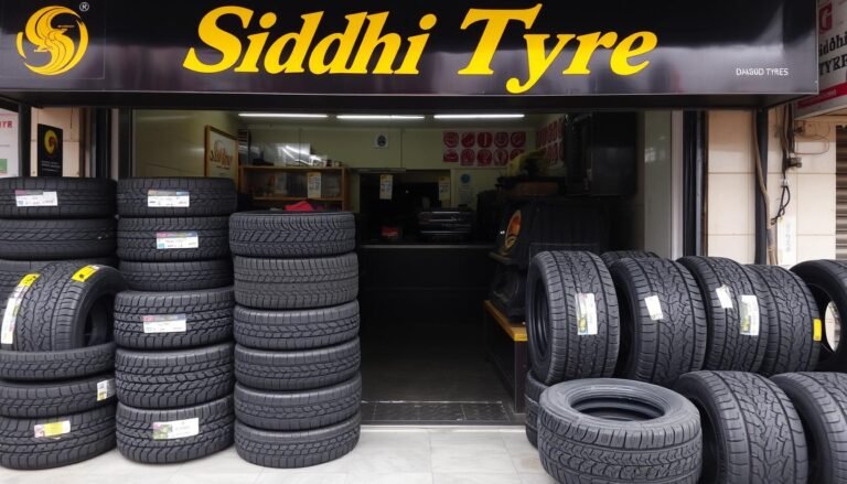 Siddhi Tyre shop storefront with used tyre buy options displayed near Siddhivinayak Mandir, Dadar West
