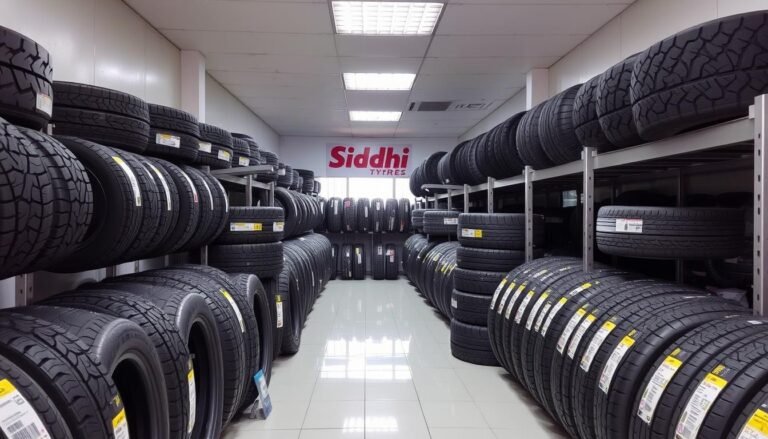 Siddhi Tyre showroom displaying various used tyres for sale in India