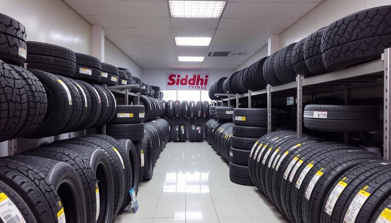 Siddhi Tyre showroom displaying various used tyres for sale in India