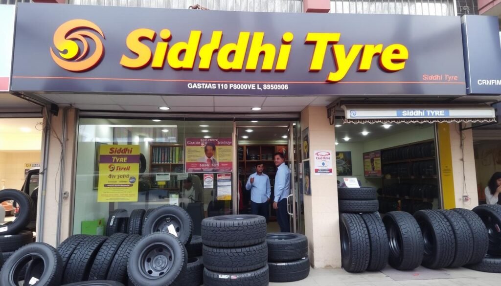 Siddhi Tyre storefront with used tyres displayed for sale in India