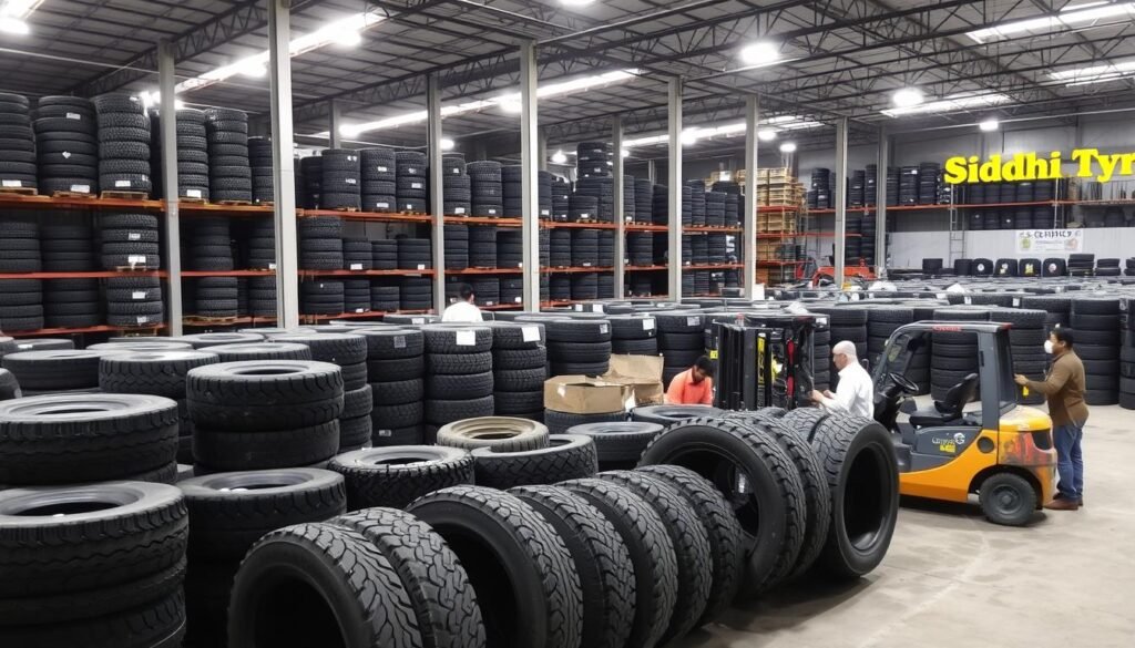 Siddhi Tyre warehouse with organized inventory of used tyres for sale in India