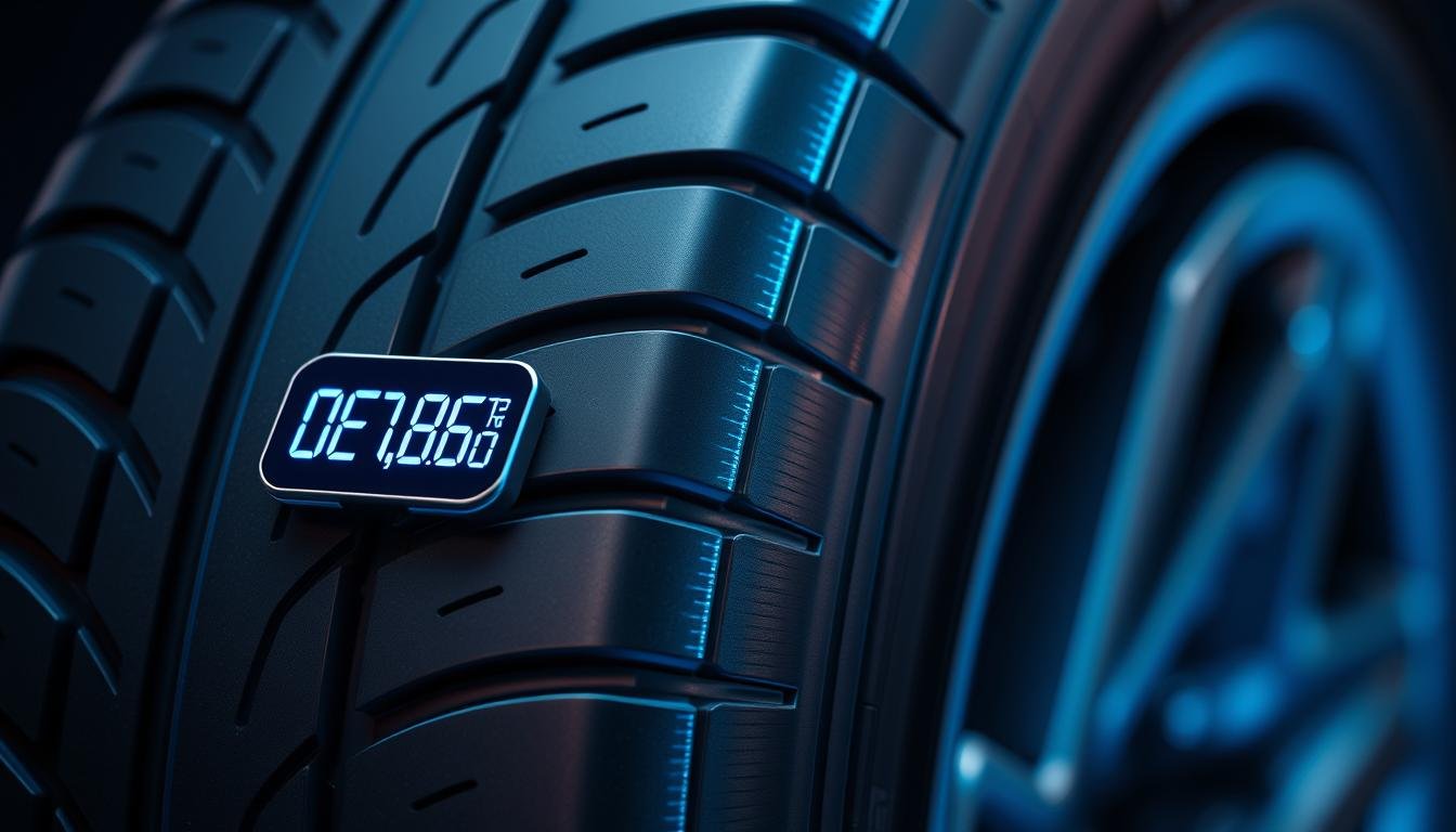 Smart tire with embedded sensors displaying real-time data for 2024 tyre technology trends