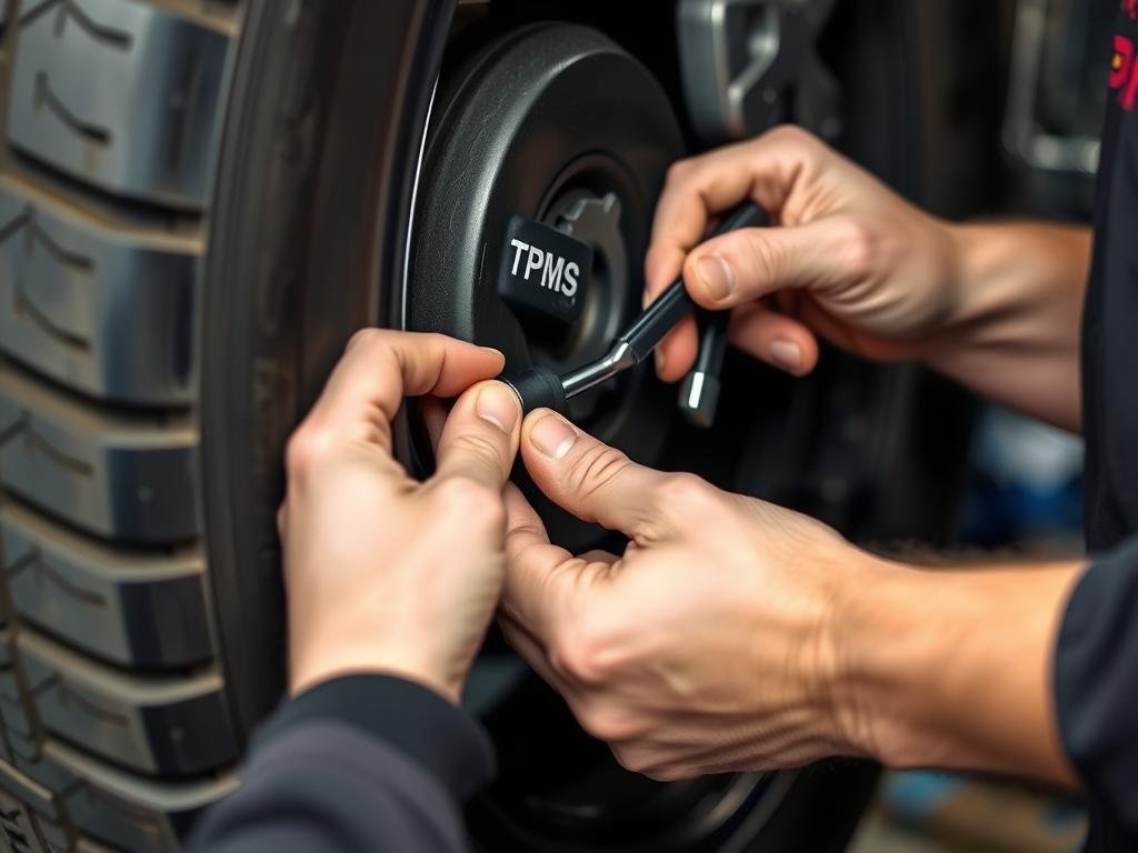 TPMS sensor being serviced during tyre maintenance