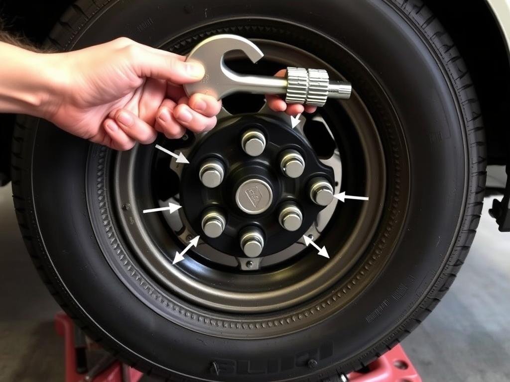 Tightening wheel nuts in a star pattern after mounting the spare tyre