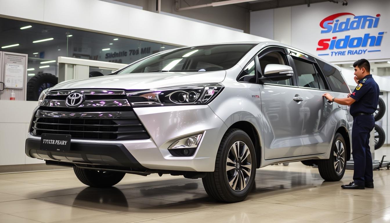 Toyota Innova Crysta with properly inflated tyres at Siddhi Tyre Ready service center