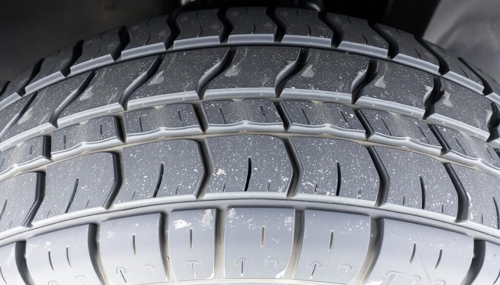 Tyre with uneven tread wear pattern indicating when tyre need to change