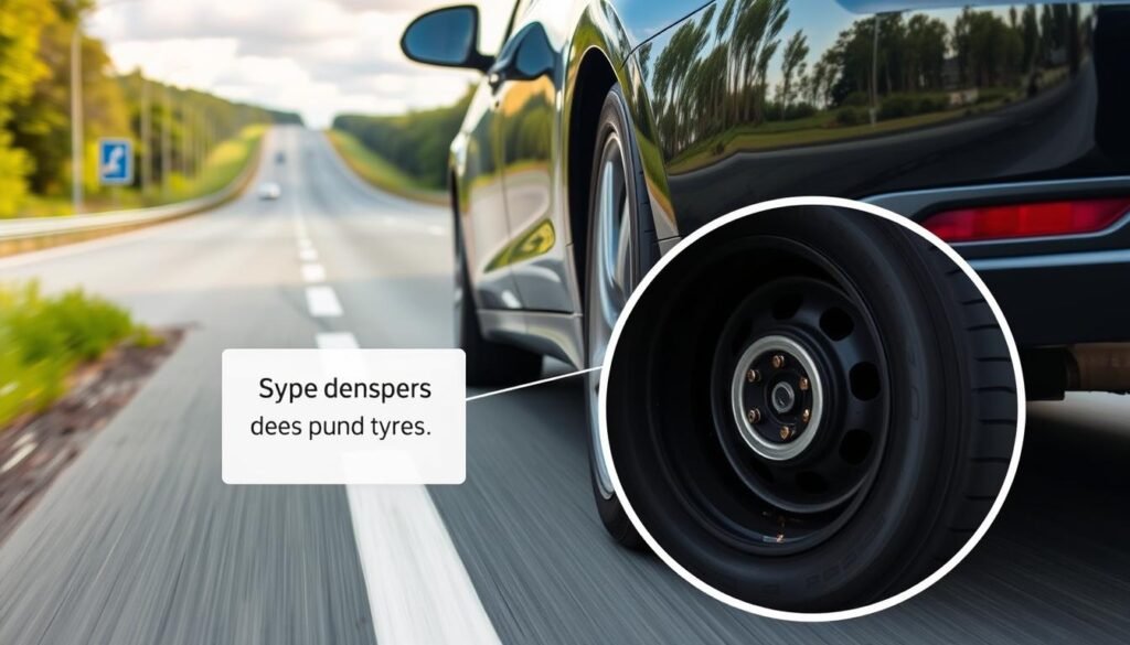 Vehicle with run flat tyres safely continuing journey after a puncture, showing reinforced sidewall and TPMS monitoring