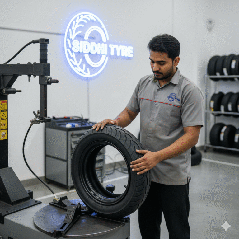 A professional technician at Siddhi Tyre fitting a new 90100-10 scooter tyre onto a wheel