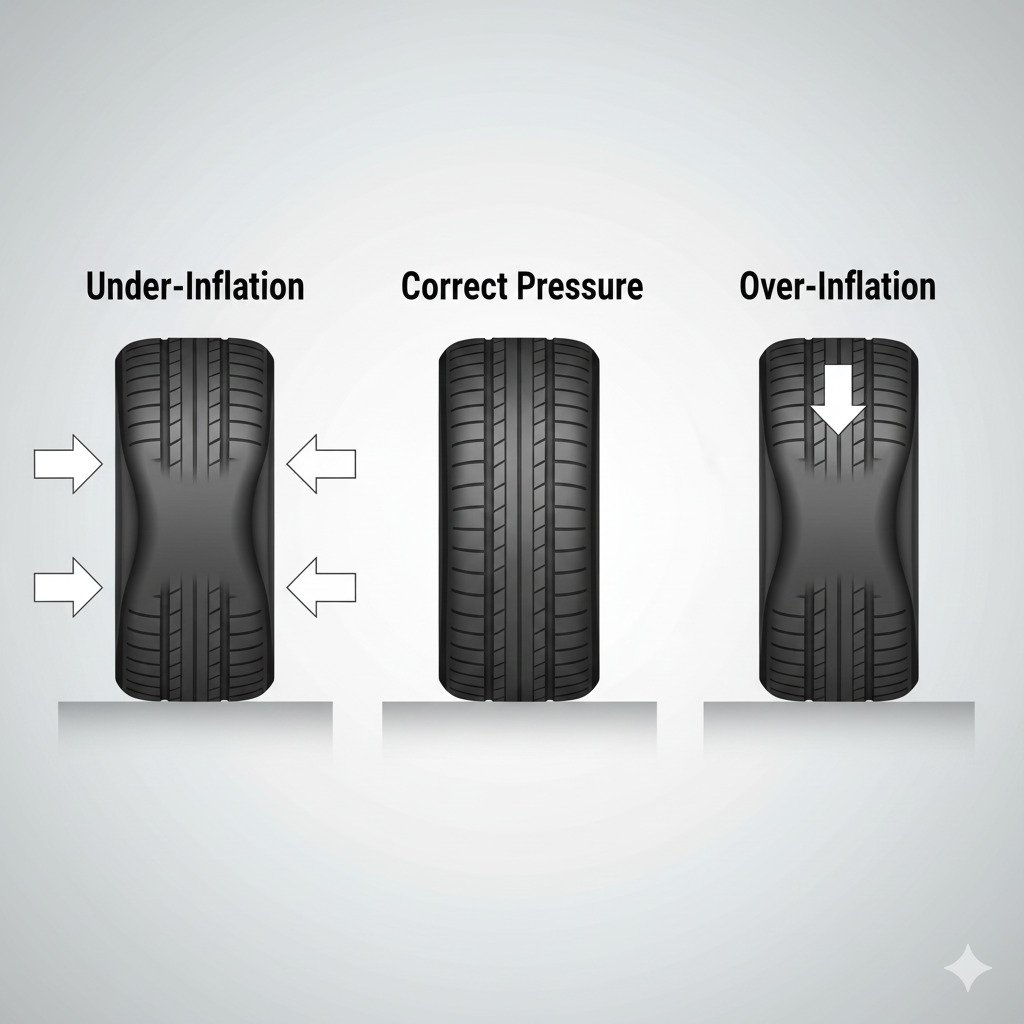 Diagram comparing tyre wear patterns caused by under-inflation, over-inflation, and correct pressure