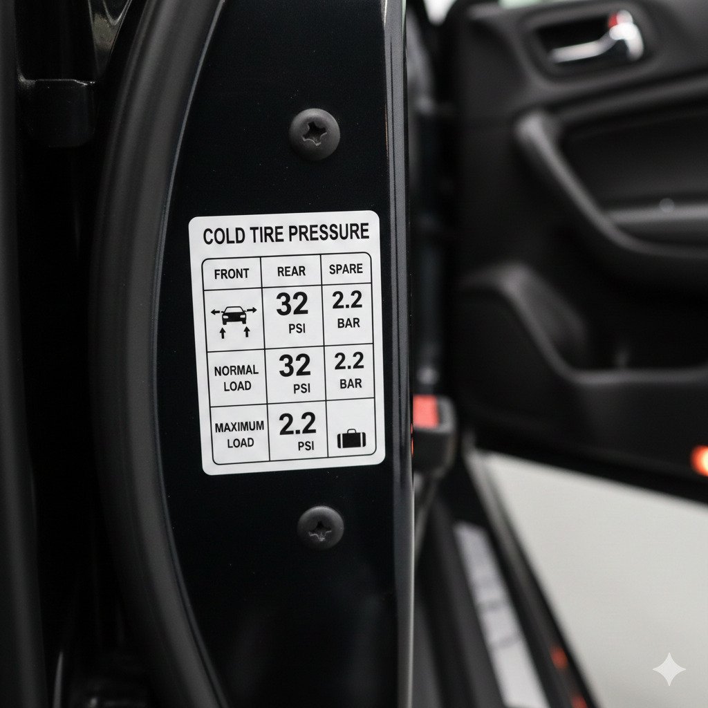 Sticker inside driver door jamb displaying recommended tyre pressure PSI and Bar