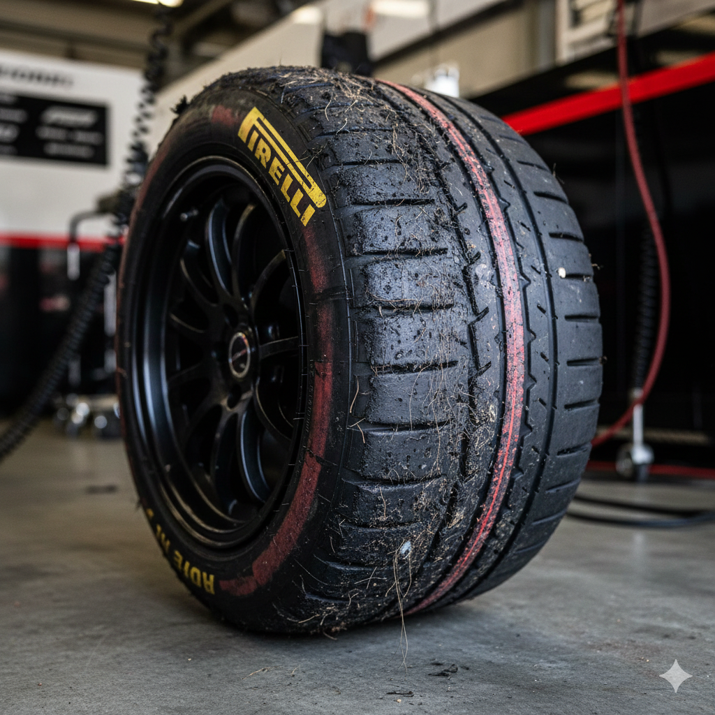 Worn F1 tyre showing graining and degradation