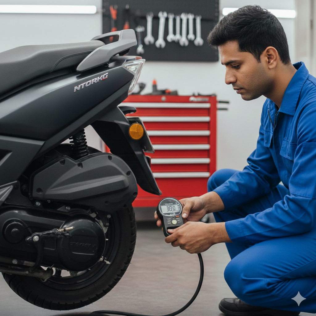 Checking tyre pressure on a scooter tyre