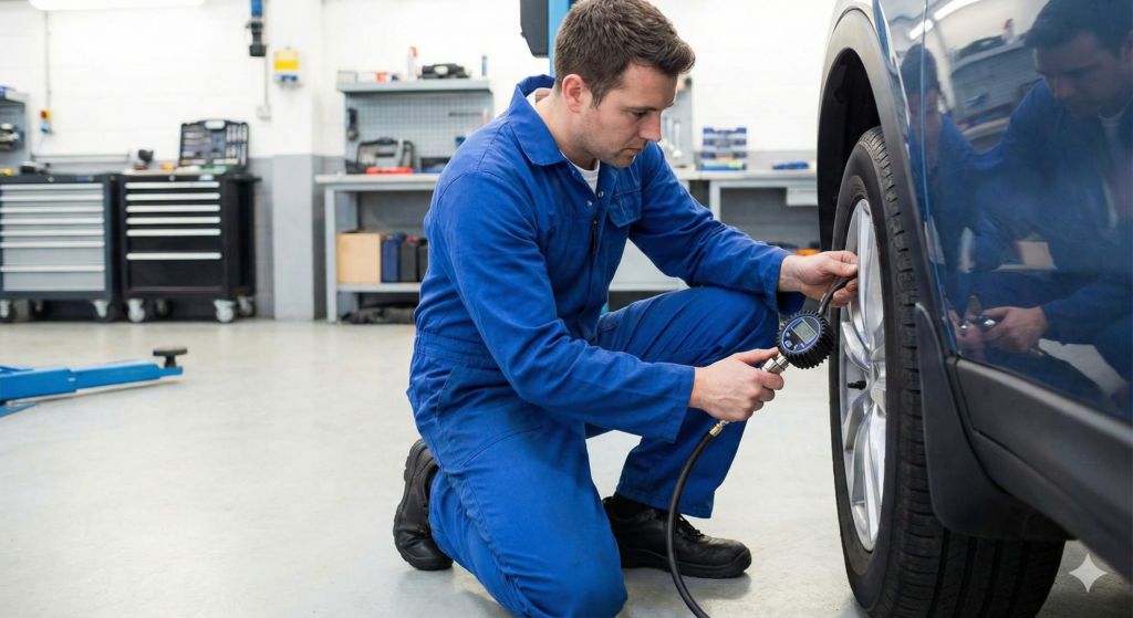 Checking tyre pressure on a vehicle