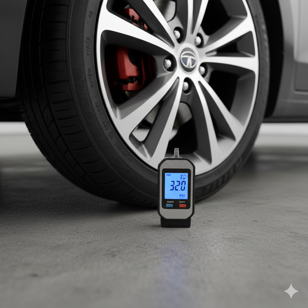 Checking tyre pressure with a gauge on a Tata Altroz