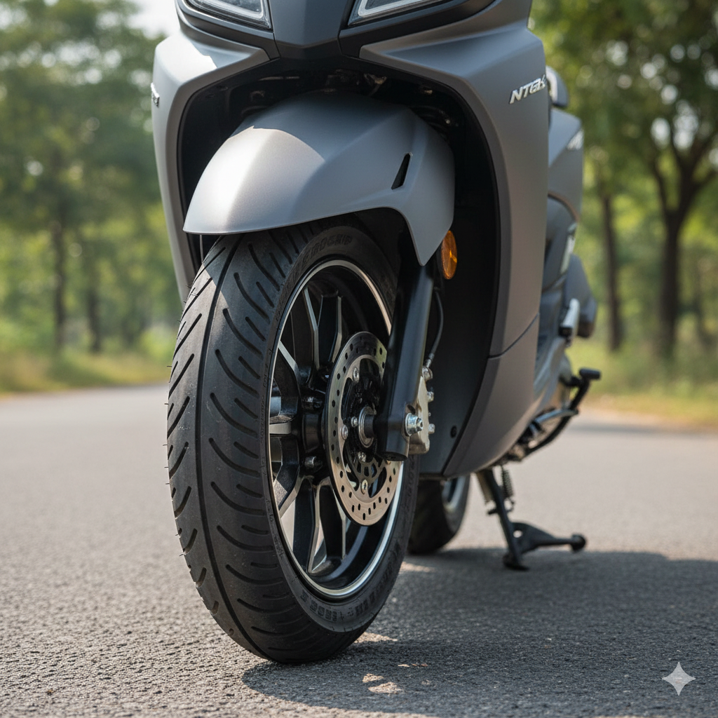 Close-up of TVS NTorq front wheel and tyre