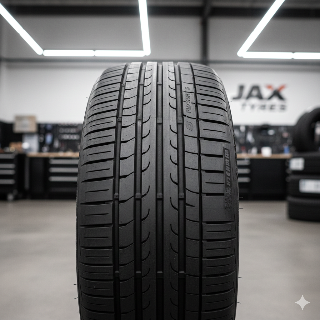Close-up of a new tyre tread pattern from a top brand available at Jax Tyres