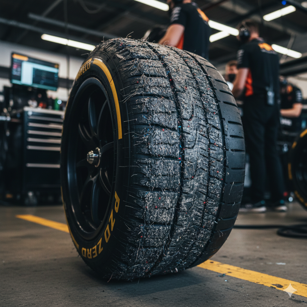 Close-up of an F1 tyre showing severe graining after a race stint