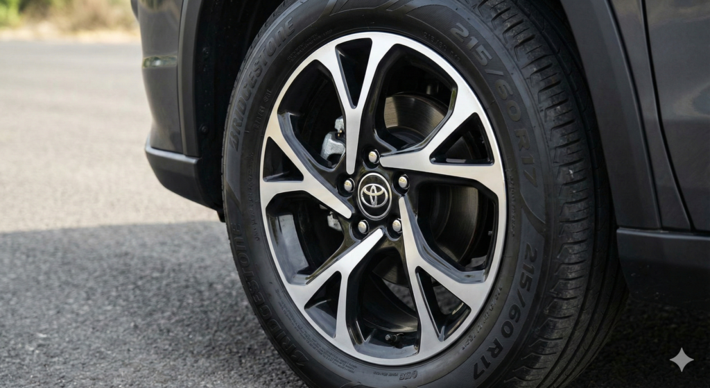 Close up view of the Toyota Urban Cruiser Hyryder alloy wheel and tyre